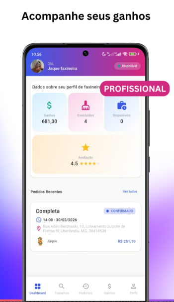 Tela de dashboard do Faxinei mostrando ganhos, avaliação e pedidos recentes