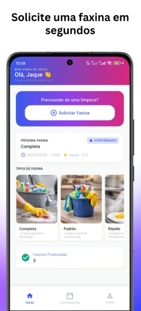 Tela inicial do Faxinei com o botão Solicitar Faxina e tipos de faxina