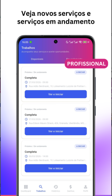 Tela de trabalhos do Faxinei mostrando serviços disponíveis e em andamento